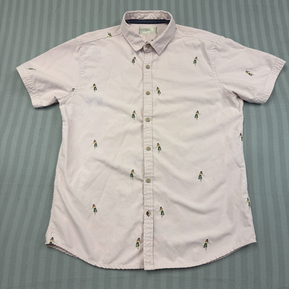 Free Planet Button Down Short Sleeve Shirt Men's Size Large Embroidered Hula Dan